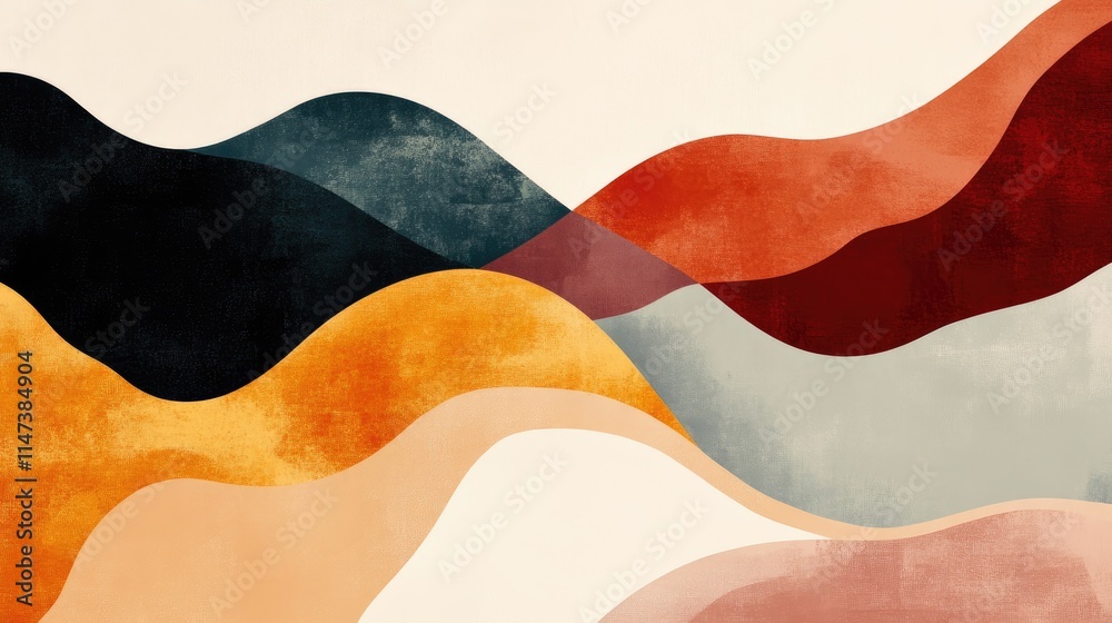 Naklejka premium Abstract artwork featuring organic waves in warm shades of orange, red, and cream, blending seamlessly with dark and neutral hues, creating a textured, harmonious composition in boho aesthetic.