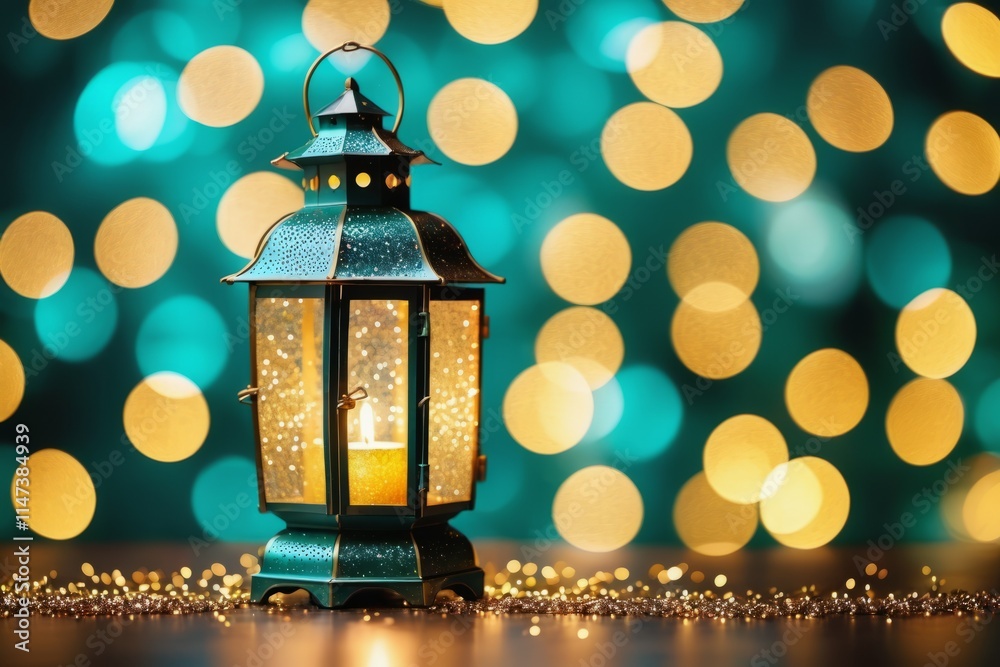 Christmas lantern glowing on blue bokeh blurred unfocused light background Christmas lantern glowing on blue bokeh blurred unfocused light background