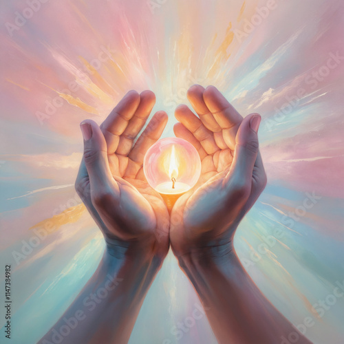 Hands cradling glowing candle with pastel light rays