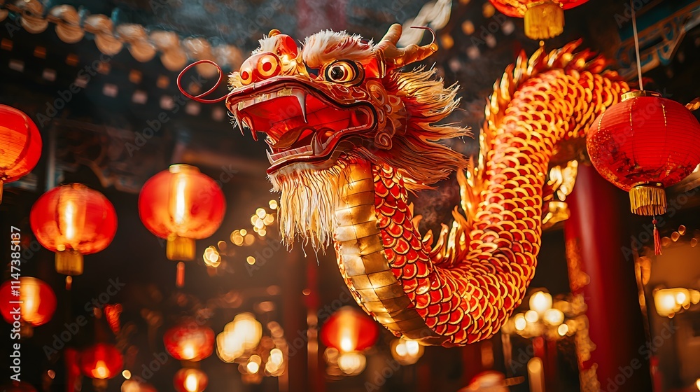 Fototapeta premium Celebratory Dragon Dance Performance Cultural Festival China Colorful Lanterns Vibrant Atmosphere Traditional Art
