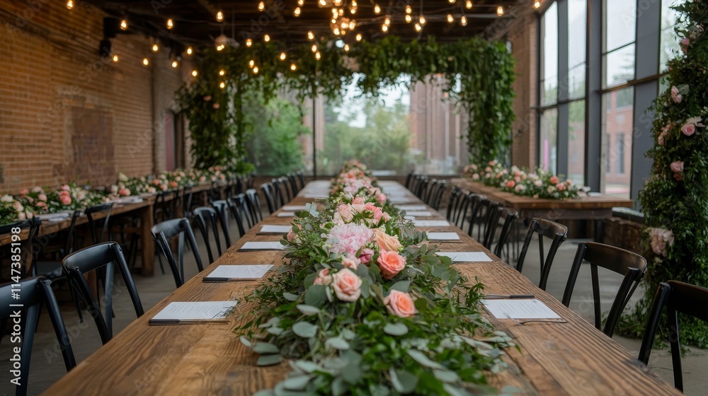 Fototapeta premium A long table with many chairs and a floral arrangement