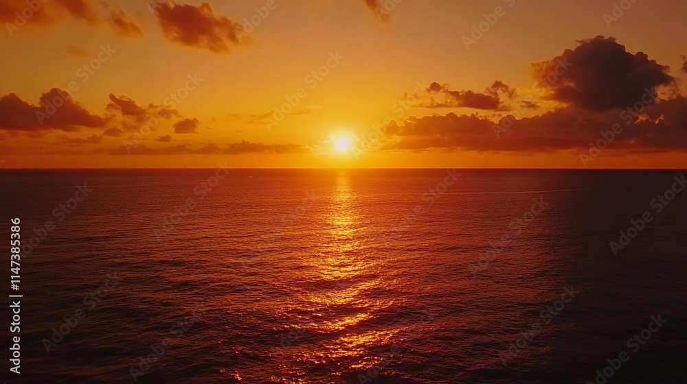 Obraz premium Beautiful sunset over calm ocean waters with vibrant orange sky. 