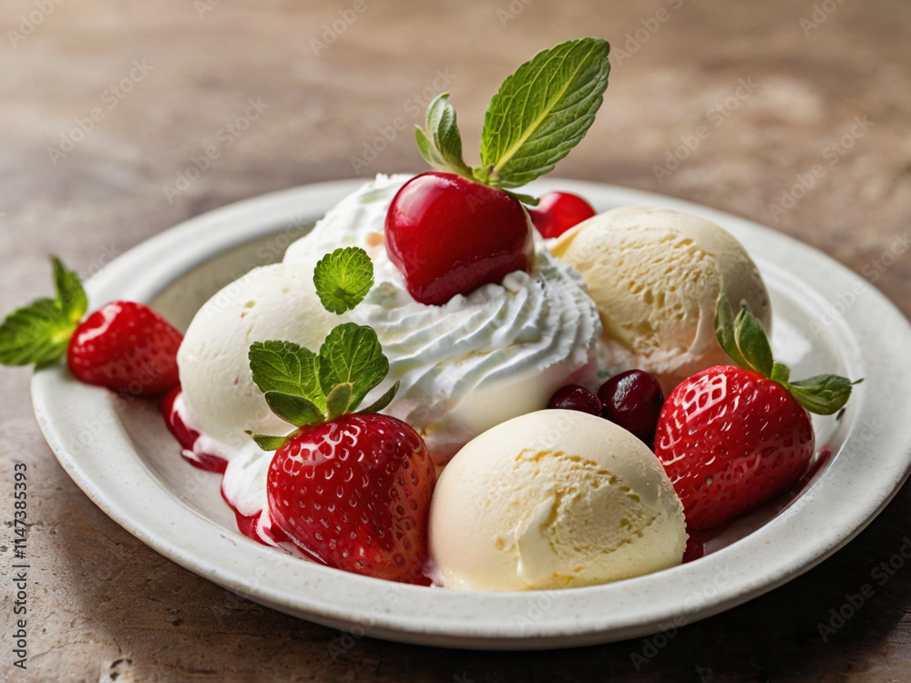 A tray with two scoops of ice cream - one vanilla and one strawberry, topped wi A tray with two scoops of ice cream - one vanilla and one strawberry, topped wi
