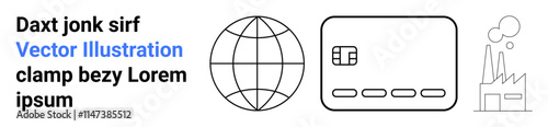 Globe icon, credit card icon, and factory icon represent global commerce, digital payment systems, and industrial growth. Ideal for financial services, e-commerce, technology, global trade