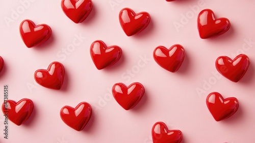 Bright Red Heart Shapes Arranged on a Soft Pink Background