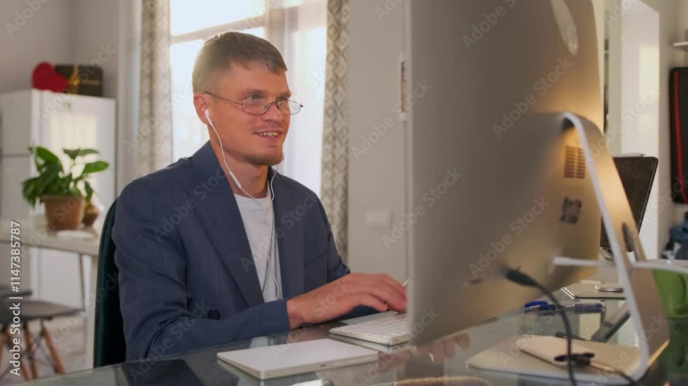 A tutor leads an online language lesson, using his computer to demonstrate the material and passionately explaining the topic, creating a friendly and productive atmosphere for elearning. Medium shot. A tutor leads an online language lesson, using his computer to demonstrate the material and passionately explaining the topic, creating a friendly and productive atmosphere for elearning. Medium shot.