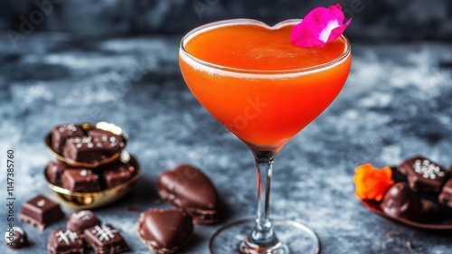 A vibrant Valentine Daiquiri in a heart shaped glass, garnished with a rose petal and placed on a table with chocolates photo