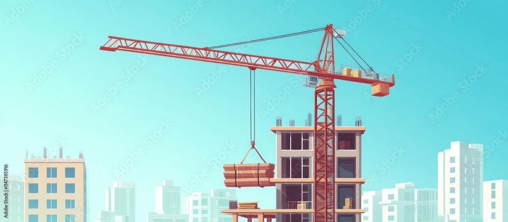 Construction Crane Lifting Materials to a Modern Building Under Construction in a City Skyline Construction Crane Lifting Materials to a Modern Building Under Construction in a City Skyline