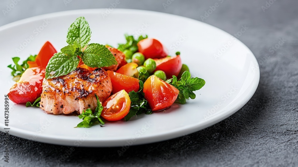 Grilled salmon fillet with cherry tomatoes and peas. Grilled salmon fillet with cherry tomatoes and peas.