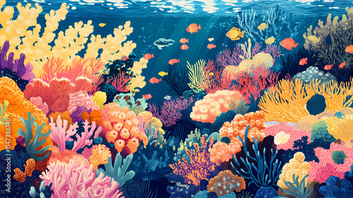 Fototapeta Naklejka Na Ścianę i Meble -  Vibrant coral reef teeming with diverse marine life, sunlit shallows. Shallows. Illustration