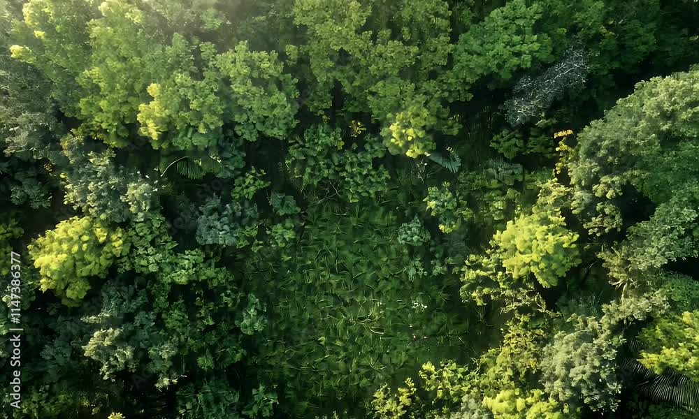 Aerial view of a lush green forest with dense foliage and a circular clearing. Aerial view of a lush green forest with dense foliage and a circular clearing.