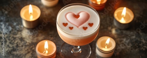 A frothy Valentine Pisco Sour with a pink hue, topped with a heart shaped foam design and surrounded by candles photo