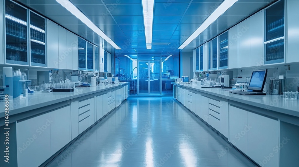 Blue futuristic high technology laboratory or control room. Blue futuristic high technology laboratory or control room.