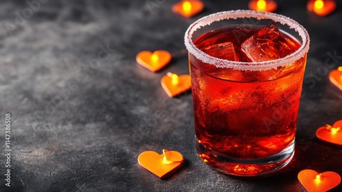 A Valentine Sazerac in a redhued glass, garnished with a sugar rim and surrounded by glowing heart themed lights photo