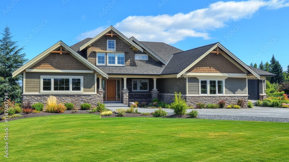 Obraz premium A modern house with a landscaped yard under a blue sky.