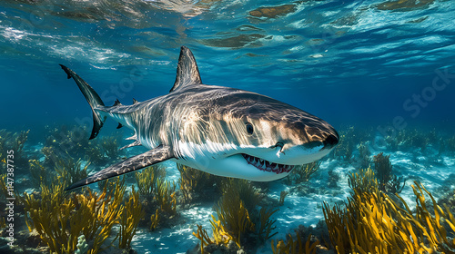 Fototapeta Naklejka Na Ścianę i Meble -  Magnificent a predator great white shark swimming in the ocean coral reef shallows just below. Shallows. Illustration
