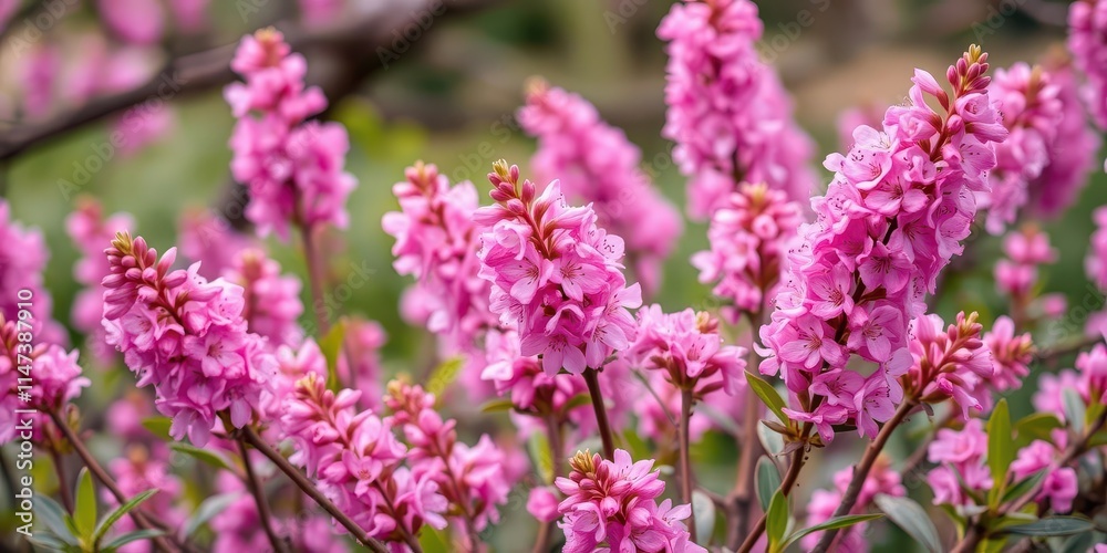 Obraz premium Beautiful spring scene featuring a pink blooming tree in full bloom against a clear blue sky, pink, growth, nature