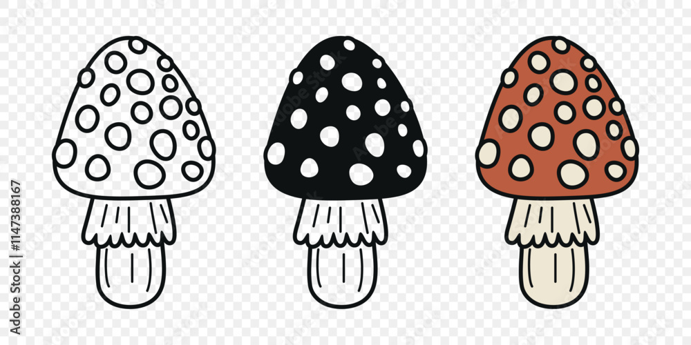 Fototapeta premium Flat Vector Hand Drawn Cartoon Fly Agaric Mushrooms Outline Illustration. Amanita Muscaria, Fly Agaric Illustration, Mushrooms. Magic Mushroom Icons, Design Template