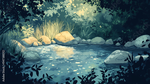 River rock in the shallows of a babbling brook. Shallows. Illustration