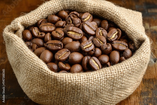 Freshly Roasted Coffee Beans in a Rustic Burlap Sack on a Wooden Table Exuding Aromatic Richness Perfect for Gourmet Coffee Enthusiasts and Culinary Photography