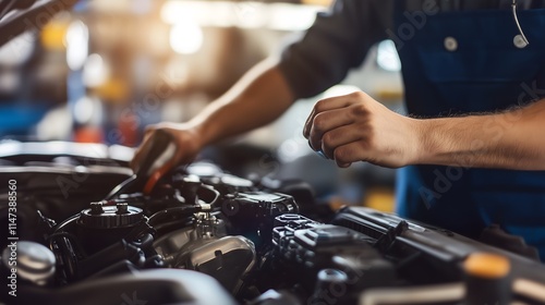 Mechanic in workshop inspecting car engine with flashlight, focusing on engine details, well-lit garage with tools and parts scattered around.
