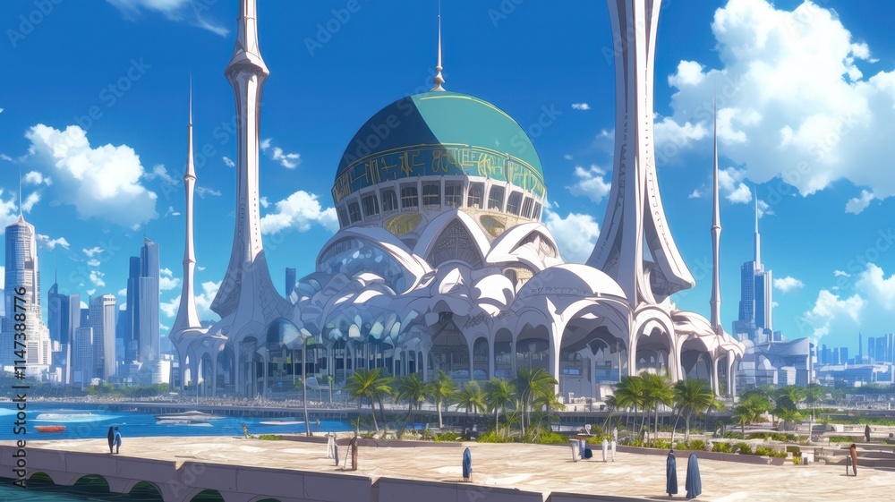Naklejka premium Illustration of Futuristic Modern Mosque in City Center. Anime style