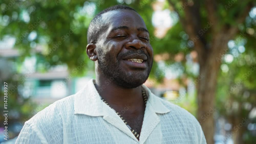 Young man smiling outdoors in an urban park, showcasing his joyful expression and wearing a white shirt, surrounded by green trees in a bright sunny city environment. Young man smiling outdoors in an urban park, showcasing his joyful expression and wearing a white shirt, surrounded by green trees in a bright sunny city environment.