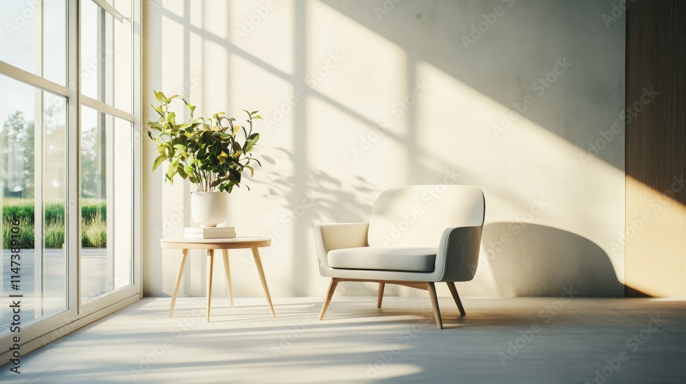 Fototapeta premium Minimalist lounge with a modern, open design. Featuring sleek furnishings and neutral colors