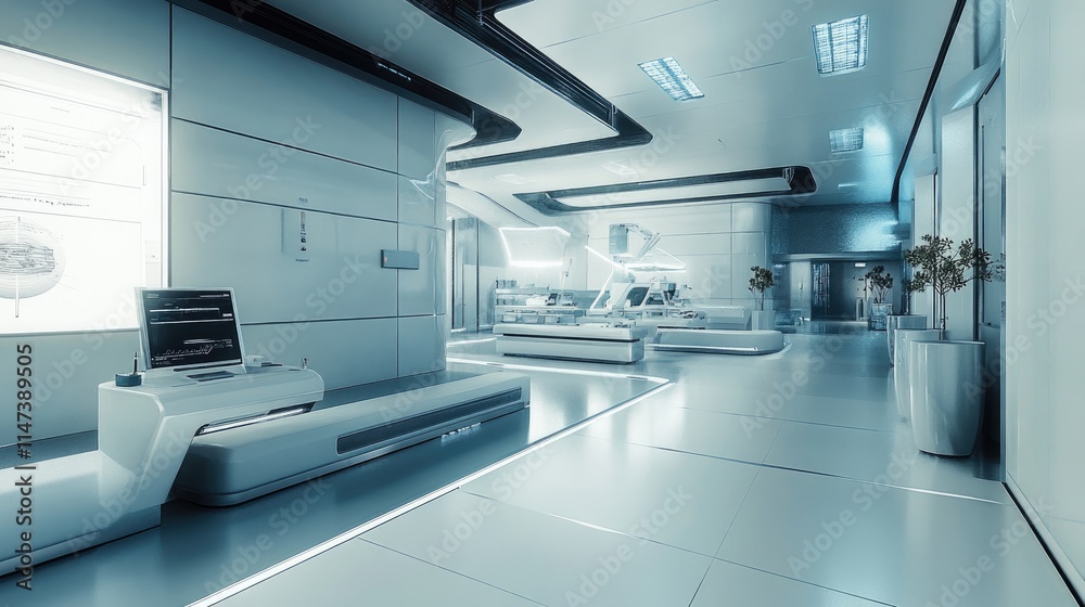 Futuristic medical facility interior; sterile, sleek design with advanced equipment and minimalist aesthetic. Futuristic medical facility interior; sterile, sleek design with advanced equipment and minimalist aesthetic.