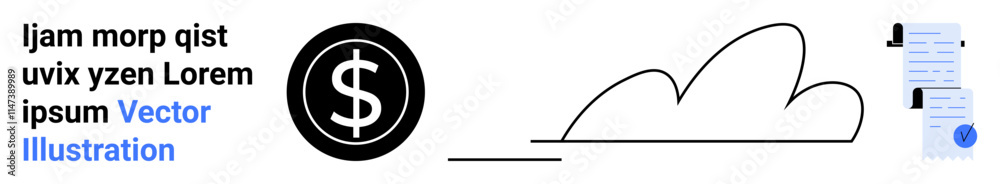 Black dollar sign circle, abstract cloud, documents with checkmark. Ideal for business, finance, technology, cloud services, documentation, content creation, marketing. Landing page Black dollar sign circle, abstract cloud, documents with checkmark. Ideal for business, finance, technology, cloud services, documentation, content creation, marketing. Landing page