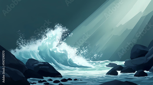A wave crashes over rocks in the shallows of the sea, creating a spray of water and light. Shallows. Illustration