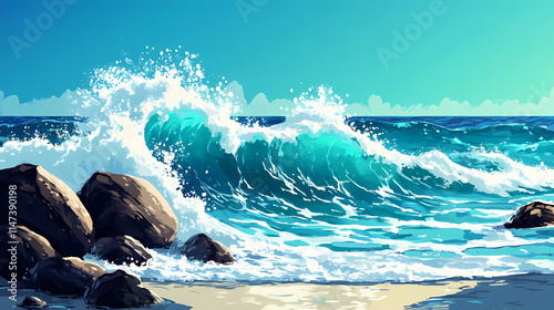 A wave crashes over rocks in the shallows of the sea, creating a spray of water and light. Shallows. Illustration