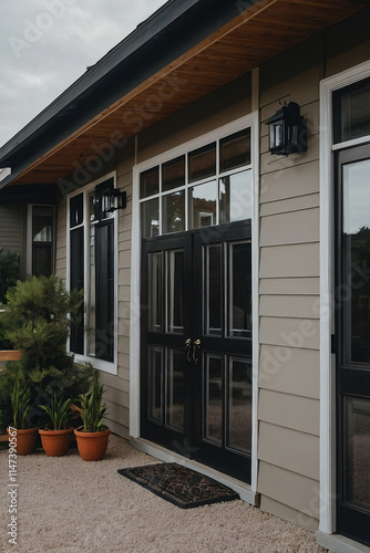 A light beige house exterior with black framed windows and doors.  Potted plants sit on the ground near the entrance.  The house features a dark gray roof and wood-toned soffit.
