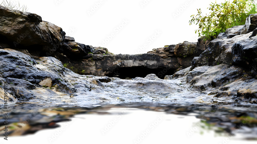 Closer shot of rocky shallows and old bridge over stockport creek on a bright summer day isolated highlighted by white, png. Shallows. Illustration Closer shot of rocky shallows and old bridge over stockport creek on a bright summer day isolated highlighted by white, png. Shallows. Illustration