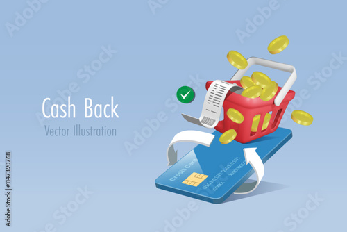 Credit card spending with money cash back. Gold coins in shopping basket with cash back arrow. Financial marketing for money spending on credit card. 3D vector.