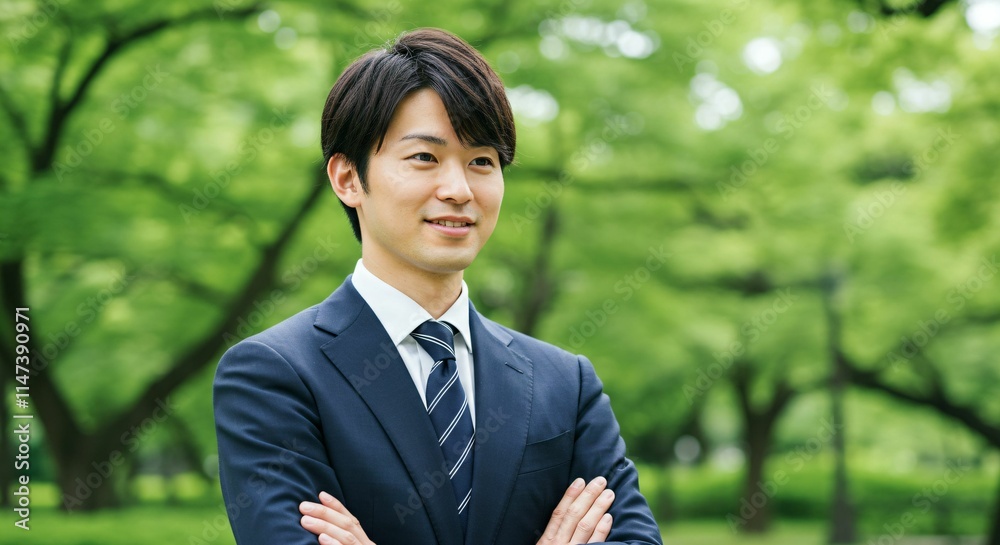 Modern Japanese Professional: A Confident Businessman with Ambition in a Natural Setting Modern Japanese Professional: A Confident Businessman with Ambition in a Natural Setting