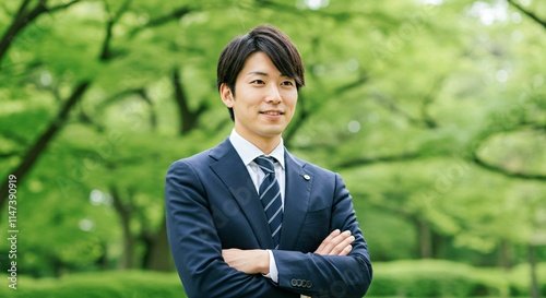 Confident Young Japanese Businessman Smiling in a Suit Against a Lush Green Background