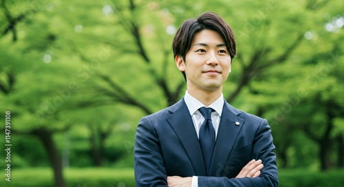 Professional Japanese Businessman Smiling in Nature, Representing Modern Success and Confidence