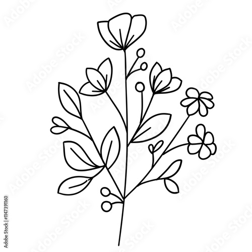 tiny wild flowers and plants line art botanical illustrations. Trendy greenery hand draw lines black ink sketches. vector illustration