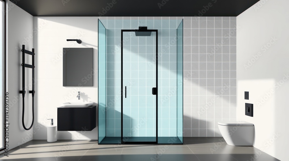 Modern minimalist bathroom with glass shower enclosure Modern minimalist bathroom with glass shower enclosure