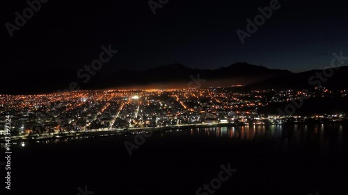 Bariloche amazing cityscape with night lights in aerial view, Bariloche, Argentina.