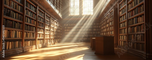 Quiet library aisle filled with books, sunlight streaming through the windows, casting soft beams over the shelves, evoking peace and knowledge, Generative AI digital art photo