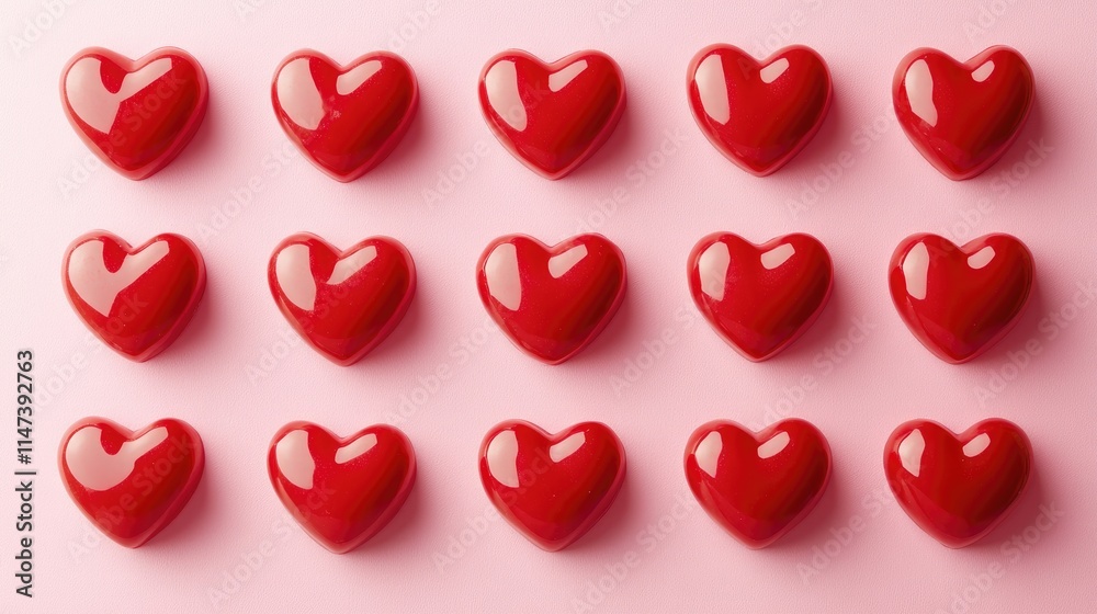 Fototapeta premium Red Hearts Pattern on Soft Pink Background for Love and Romance