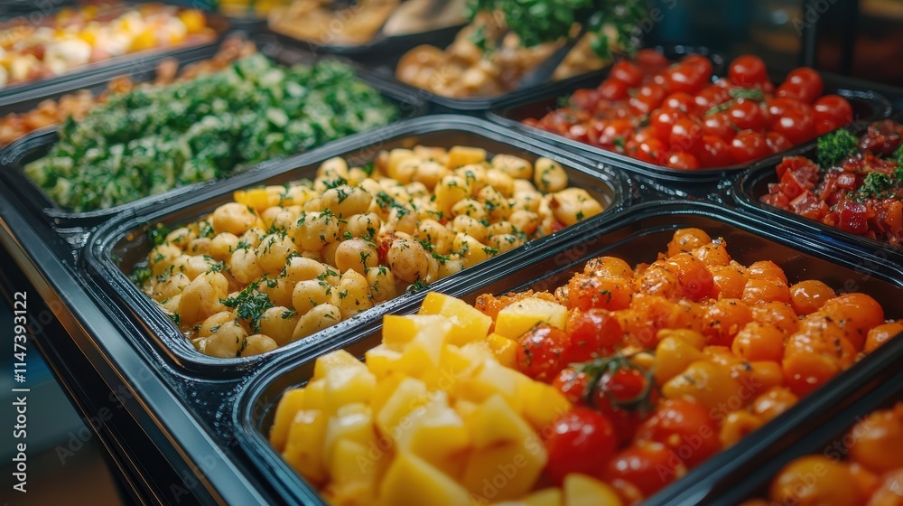Assorted cooked vegetables in black trays. Perfect for healthy eating, restaurant, or buffet visuals. Assorted cooked vegetables in black trays. Perfect for healthy eating, restaurant, or buffet visuals.