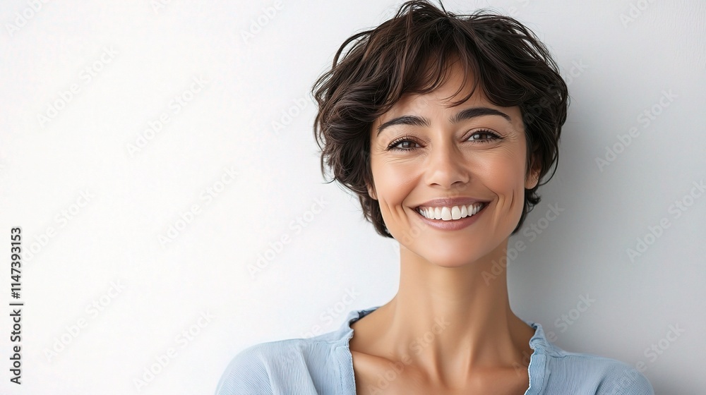 Joyful Middle Eastern Woman with Short Hair Smiling Cheerfully Joyful Middle Eastern Woman with Short Hair Smiling Cheerfully