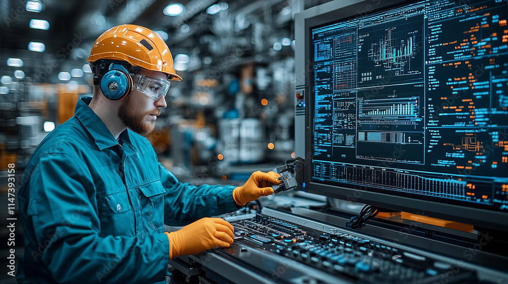 Factory worker wearing safety gear operating advanced control systems in a high-tech industrial setting Factory worker wearing safety gear operating advanced control systems in a high-tech industrial setting