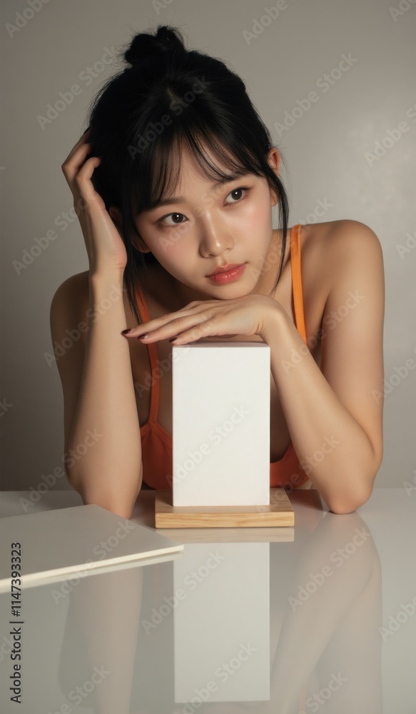 Artistic over-the-shoulder view of a young Asian woman facing a white canvas, her glowing skin and well-styled hair catching the light, as her reflection on the polished table adds a touch of elegance Artistic over-the-shoulder view of a young Asian woman facing a white canvas, her glowing skin and well-styled hair catching the light, as her reflection on the polished table adds a touch of elegance