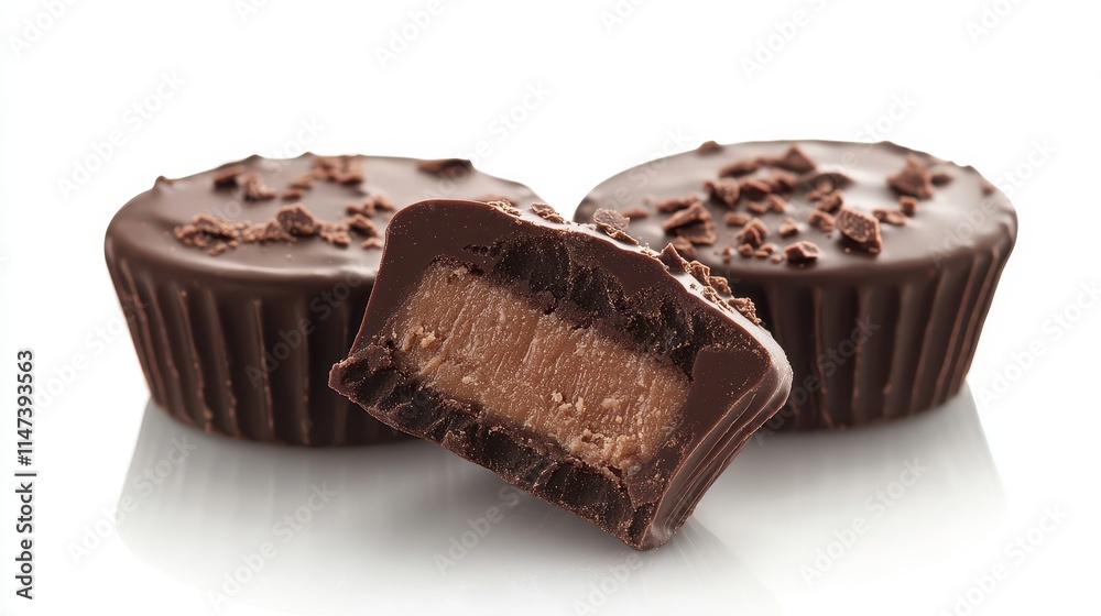 Delicious chocolate cups filled with creamy caramel, topped with chocolate shavings. Perfect for websites, blogs, or food packaging showcasing sweet treats and chocolate confectionery. Delicious chocolate cups filled with creamy caramel, topped with chocolate shavings. Perfect for websites, blogs, or food packaging showcasing sweet treats and chocolate confectionery.