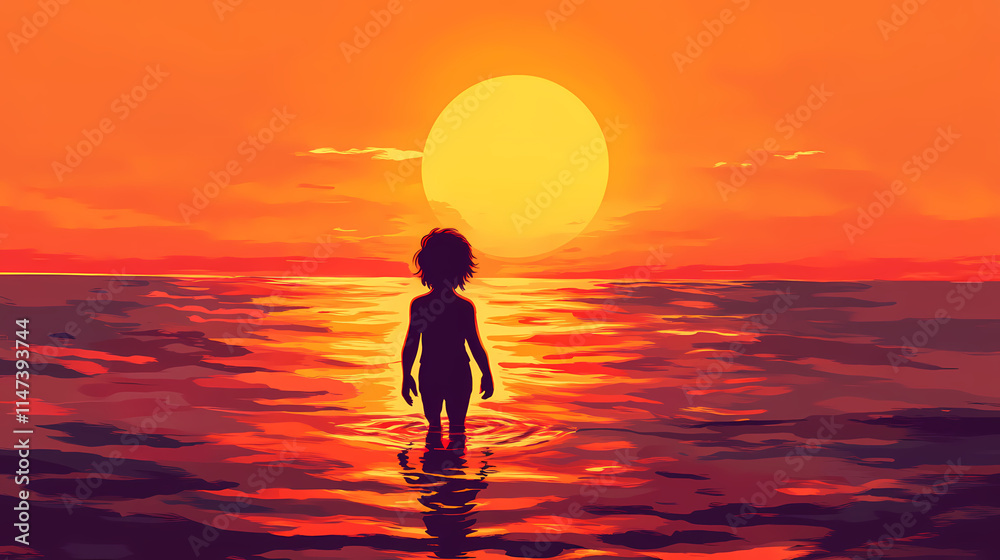 A silhouette of a young child wading in the shallows of the ocean at sunset. Shallows. Illustration A silhouette of a young child wading in the shallows of the ocean at sunset. Shallows. Illustration