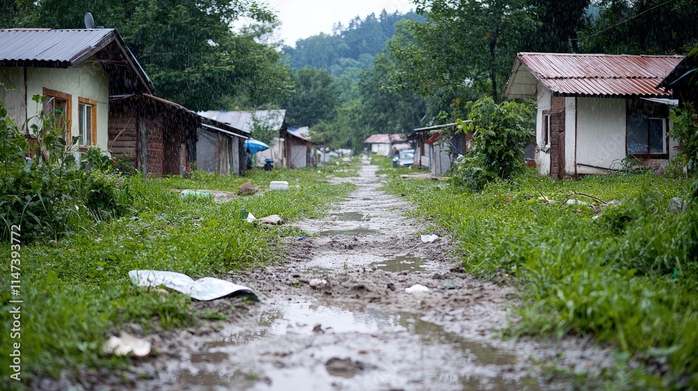 Muddy road in a poor rural village with small houses. Muddy road in a poor rural village with small houses.